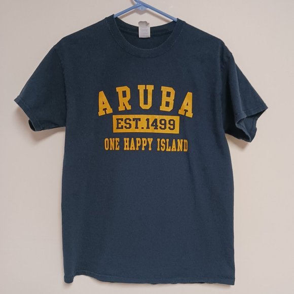 T Shirt Travel Souvenir Aruba Est 1499 One Happy Island Size M Medium Gildan - Picture 2 of 6